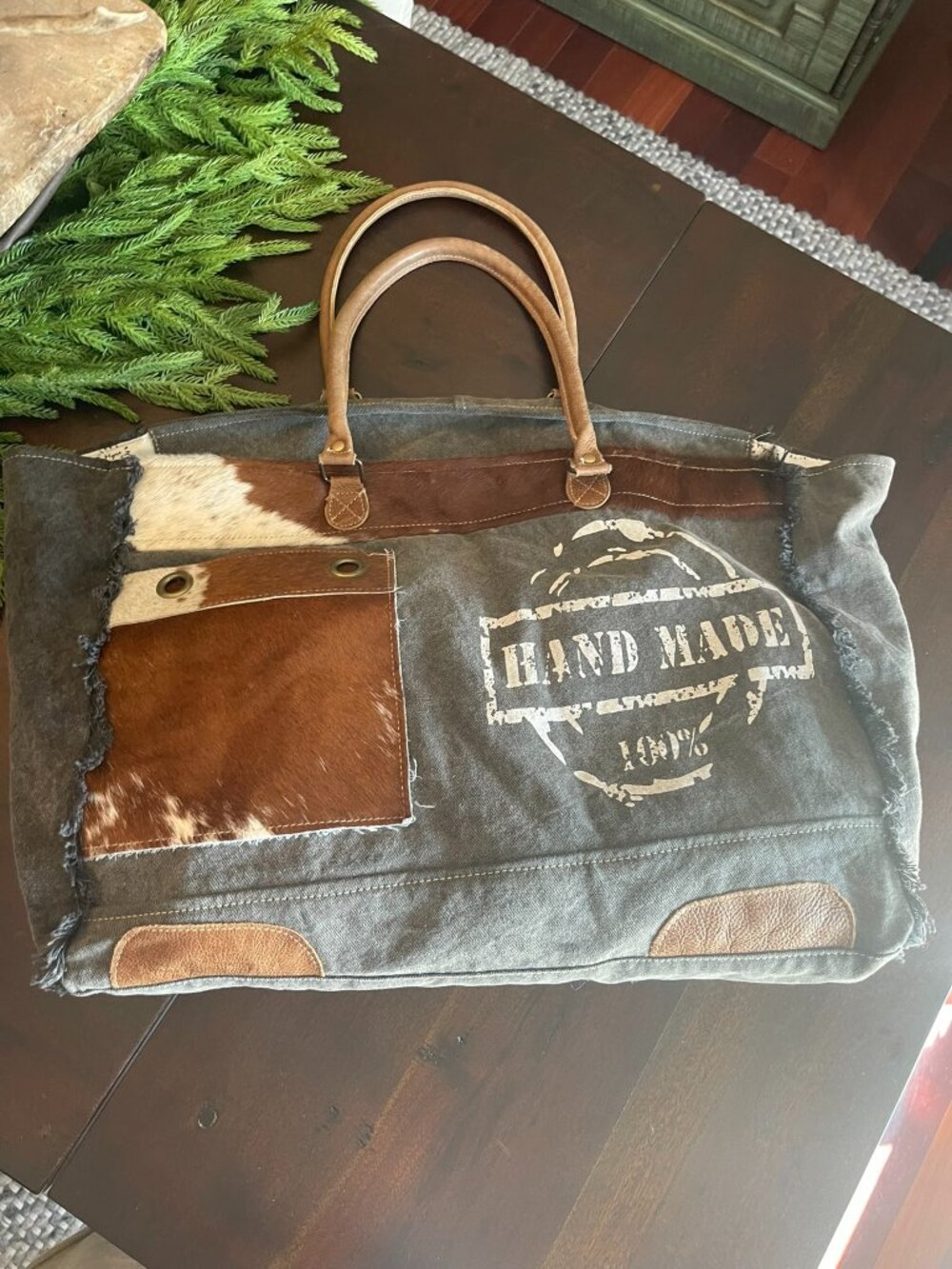 Myra Weekender Grey 100% Handmade Print Canvas & Cowhide Hair-On S-1201